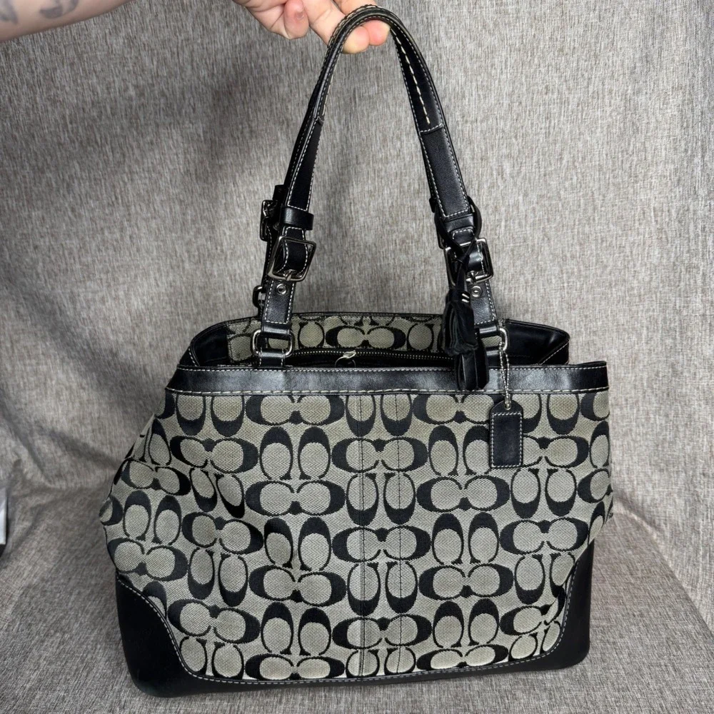 Vintage Coach Signature Jacquard Leather Tote Bag Black Grey Monogram J04M-7052